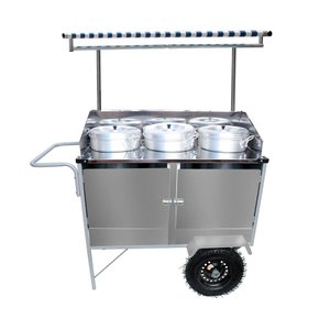 Carrinho Caldos e Sopa Branco com 3 Caldeirões e Rodas Pneumáticas