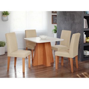 Conjunto de Mesa de Jantar Tampo de Vidro Larissa com 4 Cadeiras Maia Linho Bege Gengibre