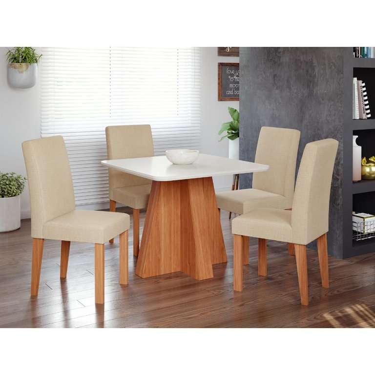 Conjunto de Mesa de Jantar Tampo de Vidro Larissa com 4 Cadeiras Maia Linho Bege Gengibre