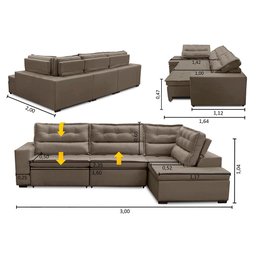 Sofá de Canto Retrátil e Reclinável com Molas LD 3,00x2,00m Viviane Suede Capuccino Madelina - 2