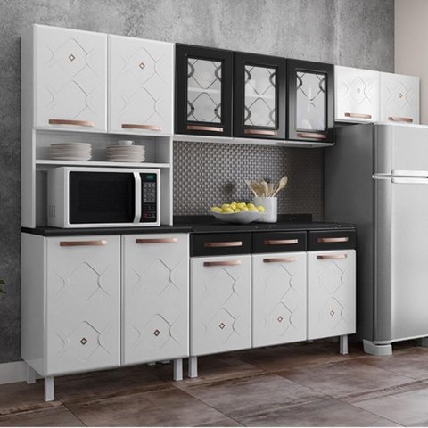Cozinha Completa Modulada de Aço 4 Peças com Vidros e Balcão Multimóveis Cr20353 Branco-preto