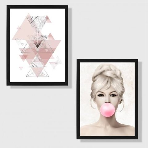 Kit 2 Quadros Decorativos Brigitte Bardot 45x34cm - com vidro:Madeira preta