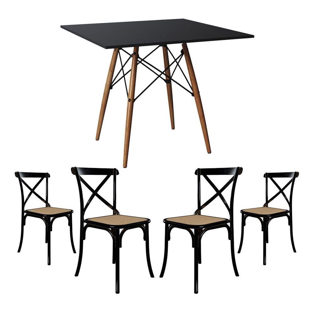 Conjunto de Mesa Eiffel Quadrado Tampo de Madeira 90cm Preto com 4 Cadeiras Katrina Preto - 1