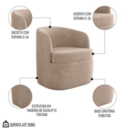 Kit 2 Poltronas Giratória Decorativa para Sala Dandara K04 Veludo Bege - Mpozenato - 3