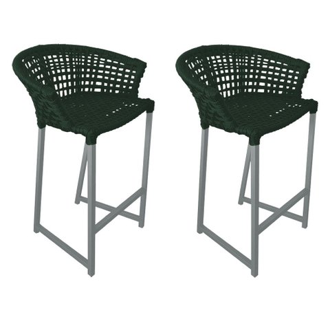 Kit 2 Banquetas Reis em Corda Náutica e Base em Alumínio Cinza para Área Gourmet Verde Musgo