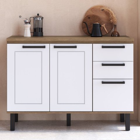 Balcão para Cozinha 3 Portas Provençal Marrom/Jequitiba/Branco