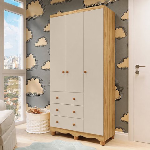 Guarda-Roupa Infantil 3 Portas e 3 Gavetas 100% MDF Mimo Espresso Móveis Bege/Off White/Amêndoa