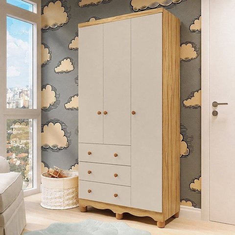 Guarda-Roupa Infantil 3 Portas e 3 Gavetas 100% MDF Mimo Espresso Móveis Bege/Off White/Amêndoa
