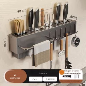 Rack Suspenso de Parede Cozinha Porta Facas Utensílios Cinza:40cmtrc0346