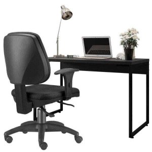 Kit Cadeira Escritório Job e Mesa Escrivaninha Industrial Soft Preto Fosco - Lyam Decor