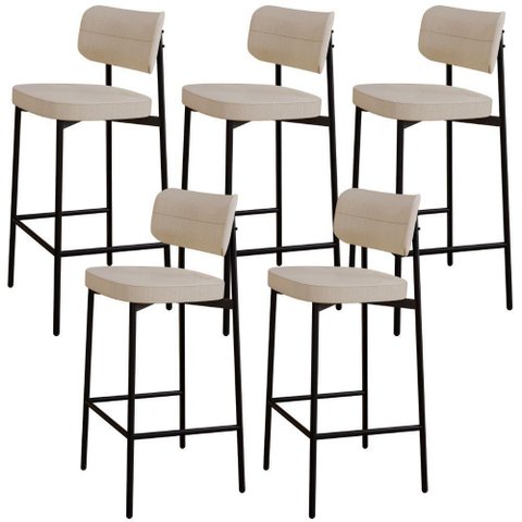 Kit 05 Banquetas Alta Bar Cozinha Sala de Jantar Aço Preto Kaira C01 Linho Areia - Lyam Decor