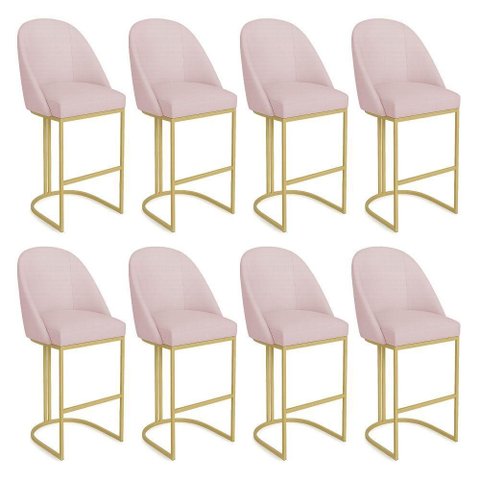 Kit 08 Banquetas Altas Bela Suede Rosa Bebê Base Metálica Dourada Pallazio