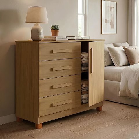 Gaveteiro Cômoda Grécia 4 Gavetas com Porta e Nichos Organização de Roupas para Quarto - Amêndoa