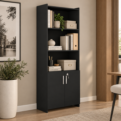 Armário Alto para Escritório com 2 Portas e 2 Prateleiras Preto- Notável Móveis