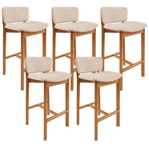 Kit 05 Banquetas Alta para Cozinha Sala de Jantar Bar Dara L02 Linho Bege - Lyam Decor