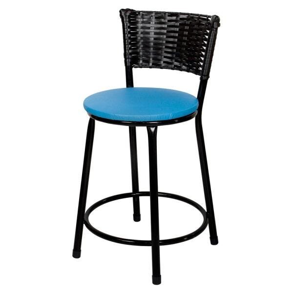 Banqueta Baixa Para Cozinha Hawai Preto Assento Azul