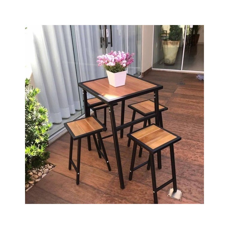Conjunto de Mesa e 4 Bancos Quadrado Preto para Sacada Pequena