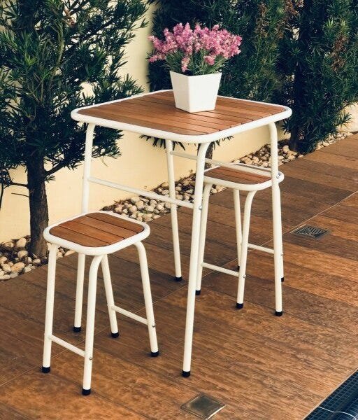 Conjunto de Mesa e 2 Bancos Branco para Área Externa Jardim