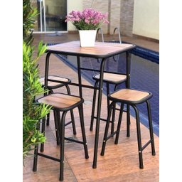 Conjunto de Mesa e 4 Bancos para Varanda Pequena Madeira e Aço - 2