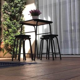 Conjunto de Mesa e 4 Bancos para Varanda Pequena Madeira e Aço - 3