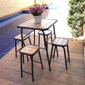 Conjunto de Mesa e 4 Bancos para Varanda Pequena Madeira e Aço