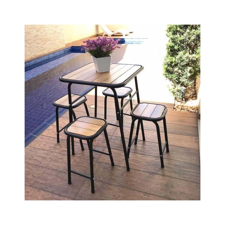 Conjunto de Mesa e 4 Bancos para Varanda Pequena Madeira e Aço