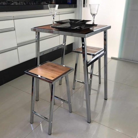 Conjunto de Mesa e 2 Bancos Cromado para Cozinha Pequena