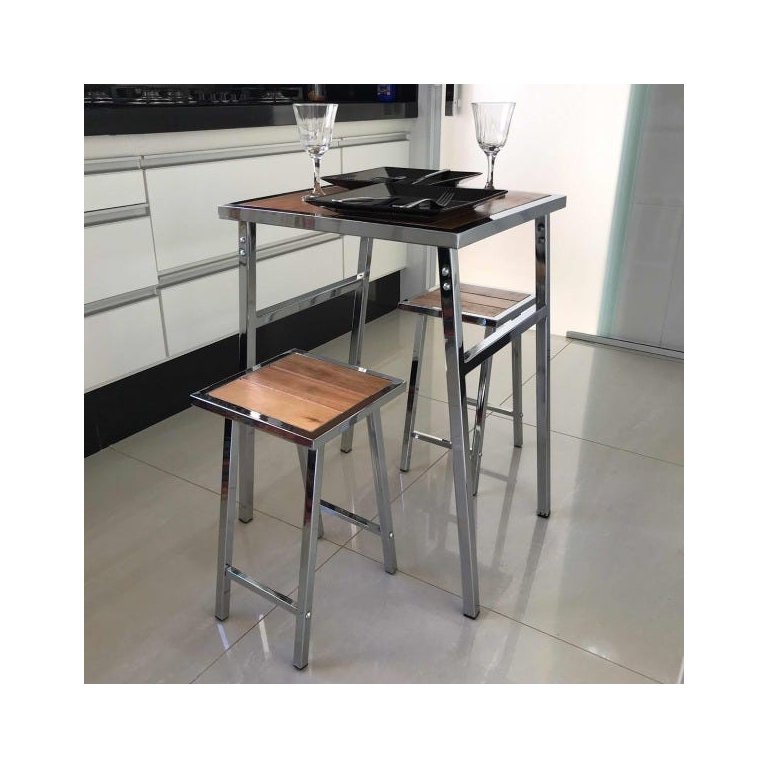 Conjunto de Mesa e 2 Bancos Cromado para Cozinha Pequena
