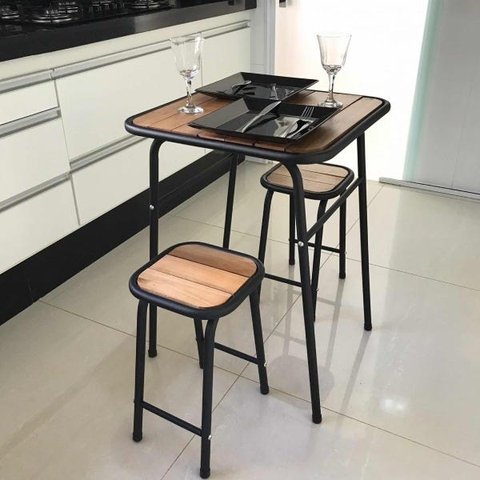 Conjunto de Mesa e 2 Bancos Preto para Cozinha Compacta