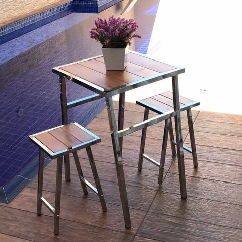 Conjunto De Mesa E 2 Bancos Quadrado Cromado Para Varanda