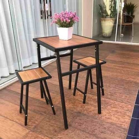 Conjunto de Mesa e 2 Bancos Quadrado Preto para Sacada Pequena