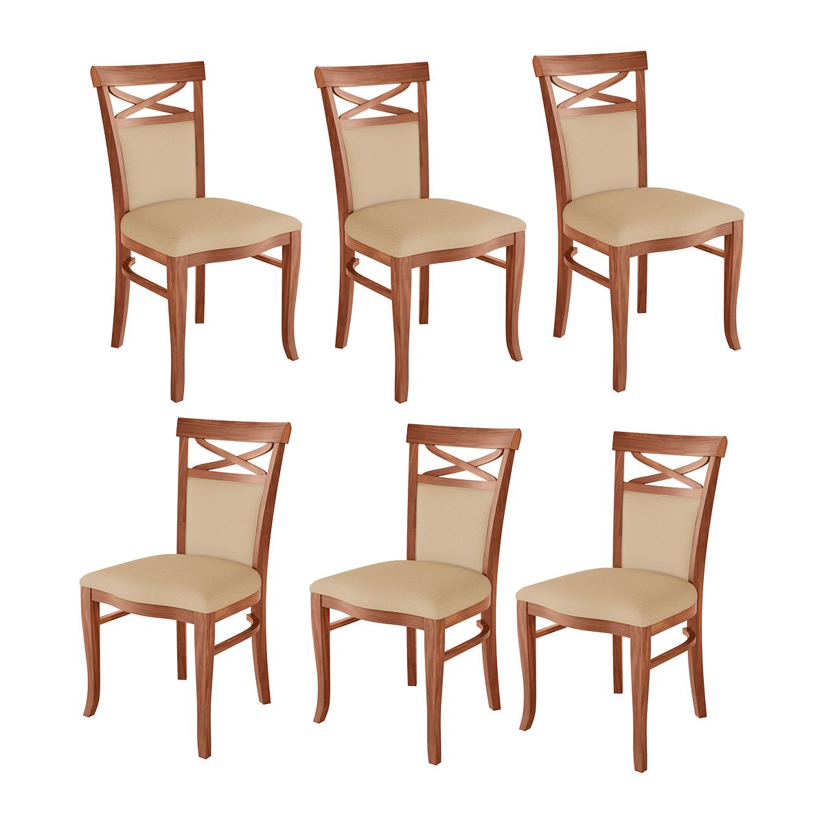 Kit 6 Cadeiras de Jantar Estofada Copacabana 48 x 100 Cm Madeira Maciça Imbuia Linho Bege M43 - RMI
