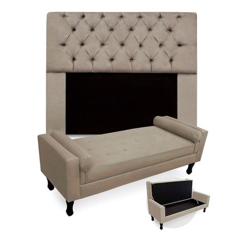 Kit Cabeceira Mirage + Calçadeira Baú Felix Casal 140cm Suede - Ecotec Decor:Bege