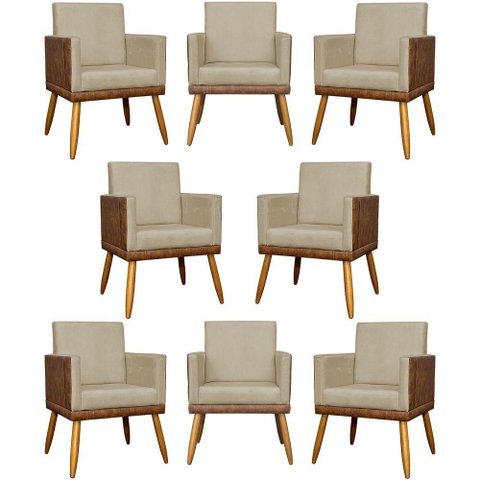 Kit 8 Poltronas Decorativas Modernas para Recepção Lis Corino Pé 30 Cm - Nude Suede Corino