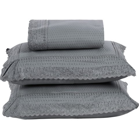 Colcha Queen Home Paris com Bordado Inglês Micropercal 300 Fios Toque de Algodão 3 Peças - Chumbo - 