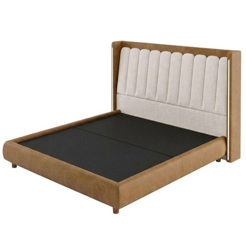Cama Japonesa Queen Cabeceira Mira Corano Caramelo Linho Cru MDF Firenze