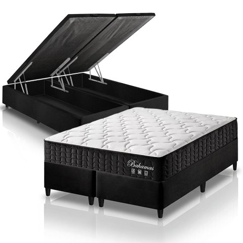 Cama Box Baú Queen Bipartido Preto + Colchão Molas Ensacadas Zidi Bahamas 158x198x66cm