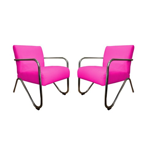 Kit 2 Poltronas Decorativa Bela Couro Rosa Pink Braço Cromado Mz Decor