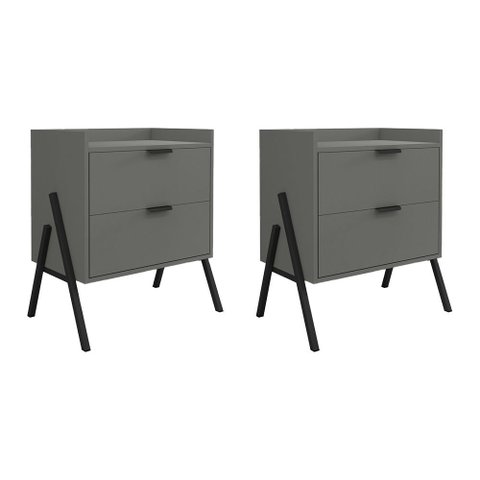 Kit 2 Mesas de Cabeceiras Retrô com 2 Gavetas Asher 63cm - Cinza