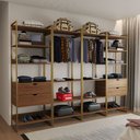 Ver imagem 1 de Guarda Roupa Aberto Industrial Casal Modulado Completo Amêndoa Cabideiro com Gavetas Base Dourada