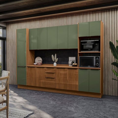 Cozinha Compacta Modulada 6 Peças com Torre Quente e Paneleiro Vibra Marrom/Canela/Verde Pistache Su