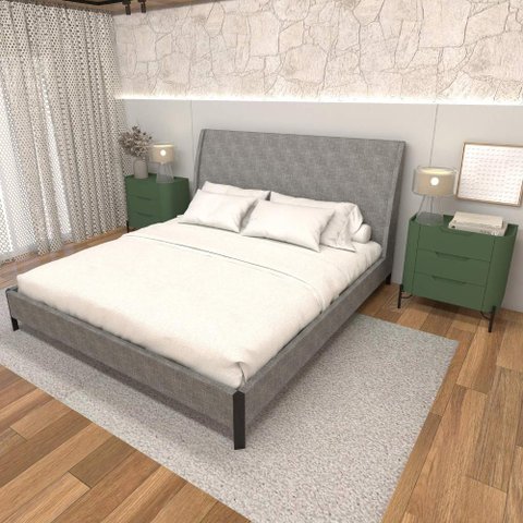 Cama King com Cabeceira Estofada e 2 Mesas com Gavetas Mdf Cor:linho Lincoln Níquel com Musgo