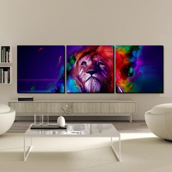 Quadro Decorativo Parede Leão Colorido G 3 Peças