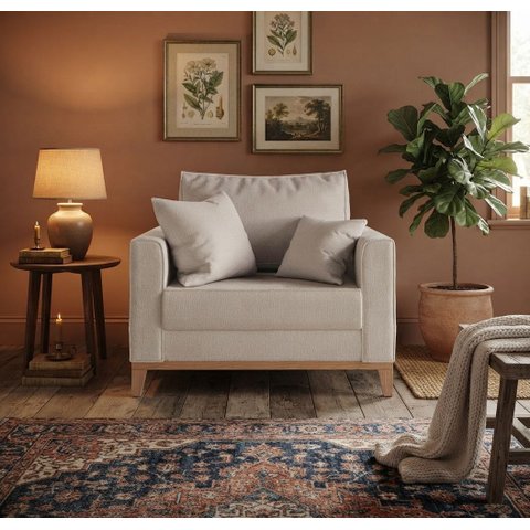 Poltrona Decorativa Benny Tecido Linho com Pés em Madeira:Creme