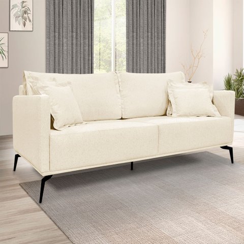 Kit 2 Poltronas e Sofá Living 2 Lugares 1,80m Sirius Linho Pés Metálicos - Pallazio Bege