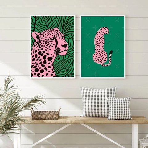 Kit 2 Quadros Decorativos The Pink Leopard 33x24cm - com Vidro:madeira Branca