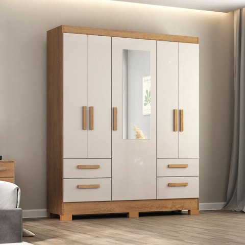Guarda Roupa de Casal Vitoria 5 Portas 4 Gavetas Canelato Off White Atualle