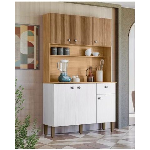 Kit Cozinha Compacta Completa 6 Portas 01 Gaveta Style Freijó Ripado/Branco