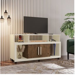 Rack Bancada Sala com Pés de Rodinha e 2 Portas Star 135x70cm Off White / Canela - 2