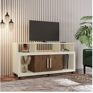 Rack Bancada Sala com Pés de Rodinha e 2 Portas Star 135x70cm Off White / Canela